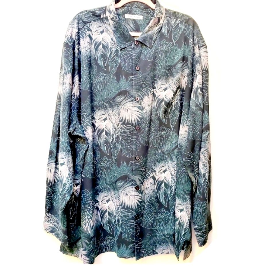 Tommy Bahama 100% Silk Tropical Foliage Leaves Print Black Long Sleeves